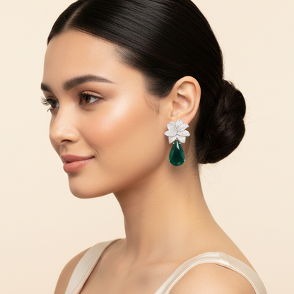 Aanura Green Teardrop Floral Dangle Earrings