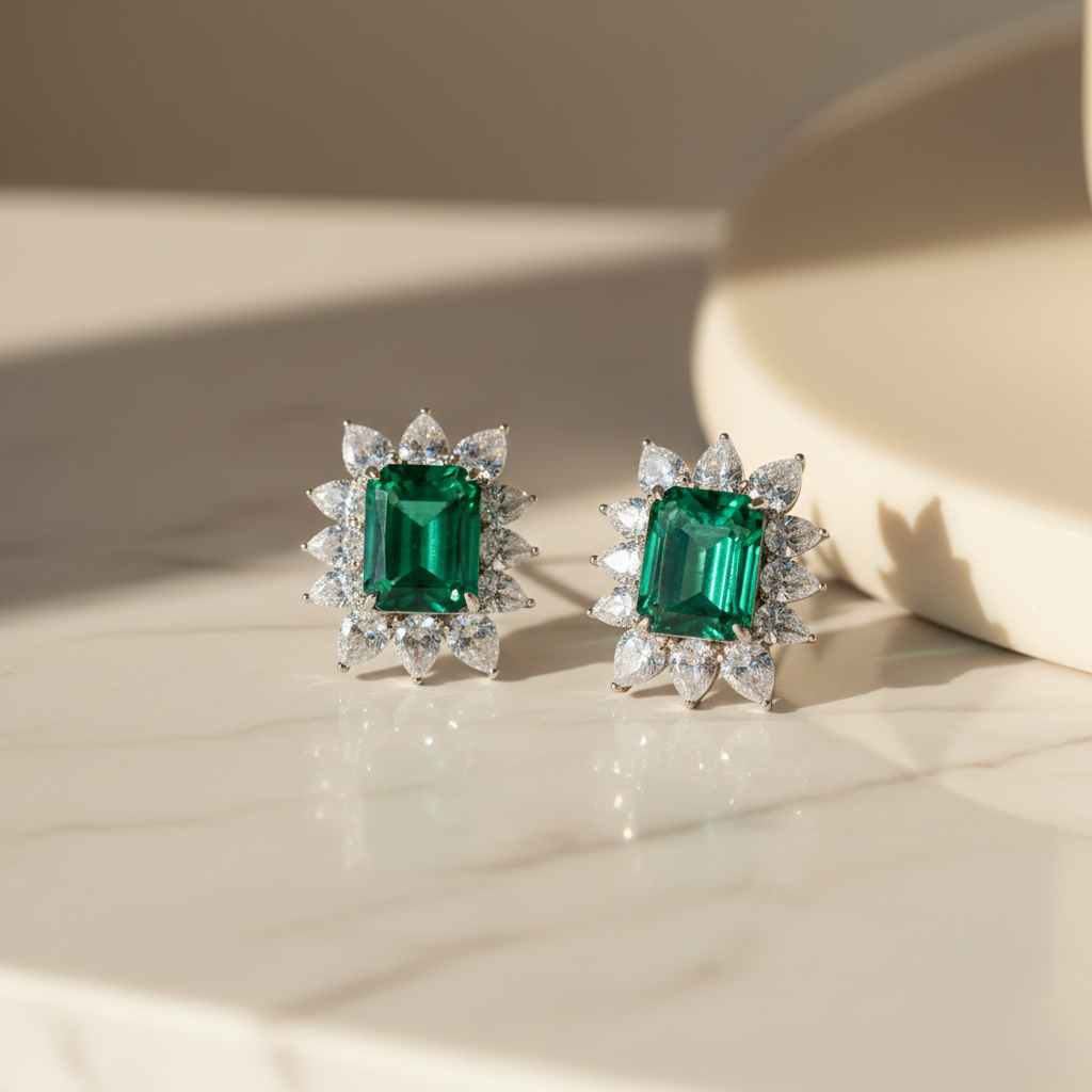 Aanura Emerald-Cut Green CZ Halo Statement Stud Earrings