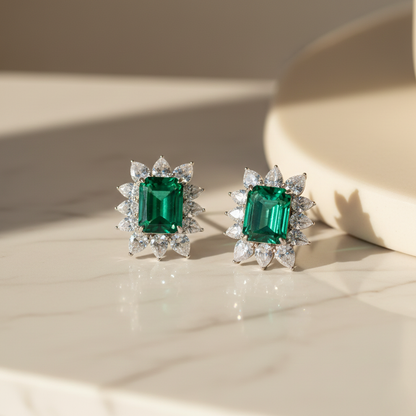 Aanura Emerald-Cut Green CZ Halo Statement Stud Earrings