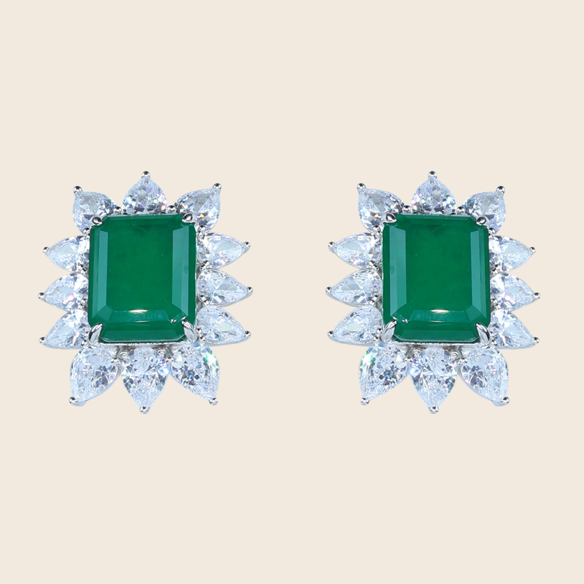 Aanura Emerald-Cut Green CZ Halo Statement Stud Earrings