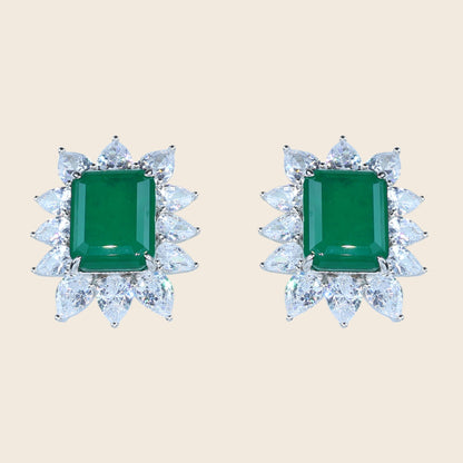 Aanura Emerald-Cut Green CZ Halo Statement Stud Earrings