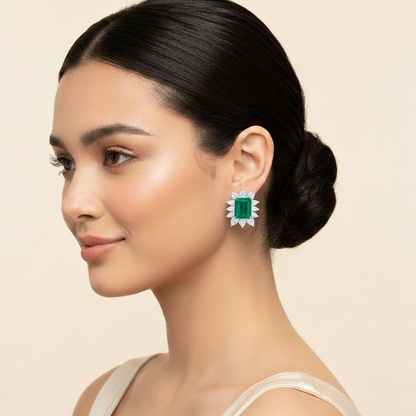 Aanura Emerald-Cut Green CZ Halo Statement Stud Earrings
