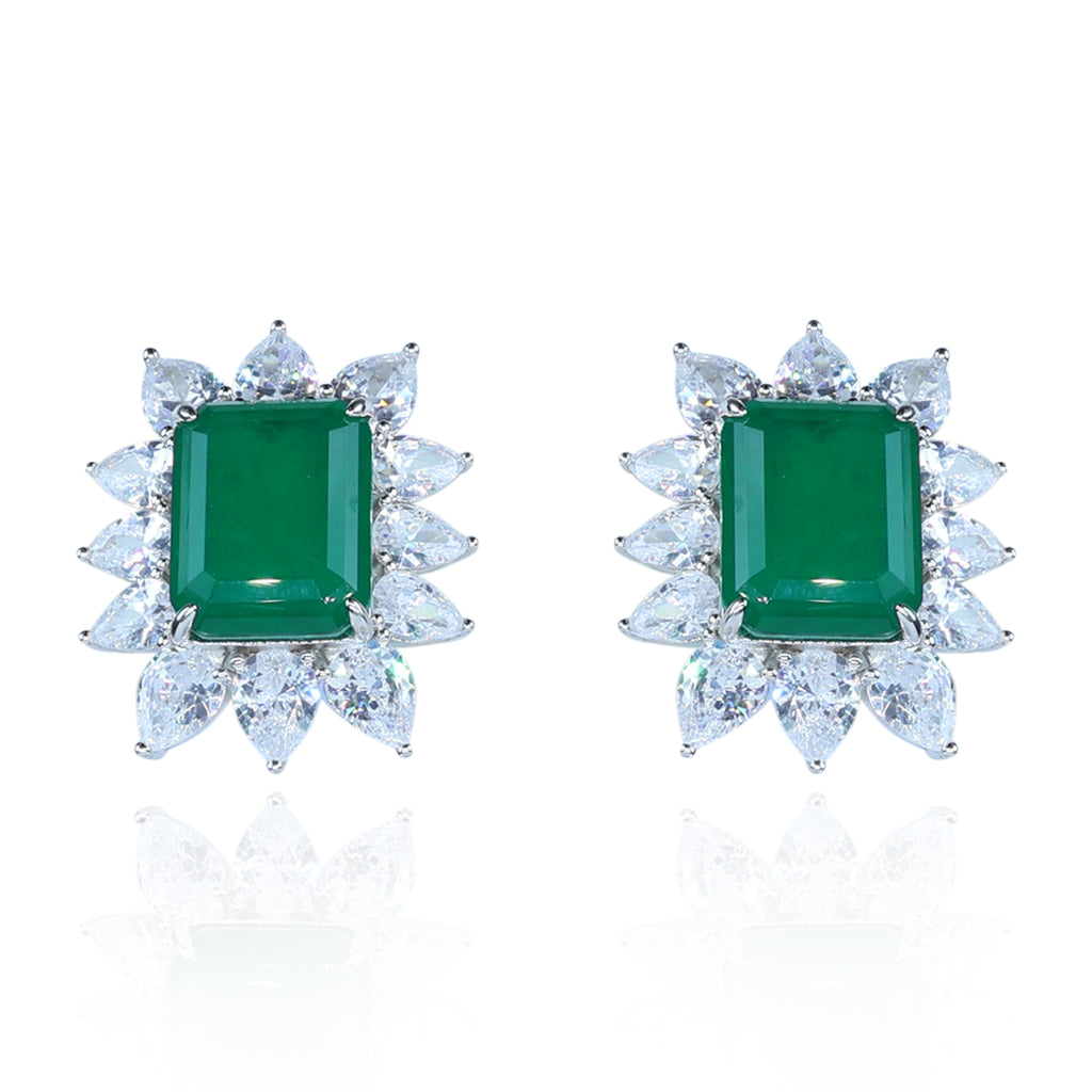 Aanura Emerald-Cut Green CZ Halo Statement Stud Earrings