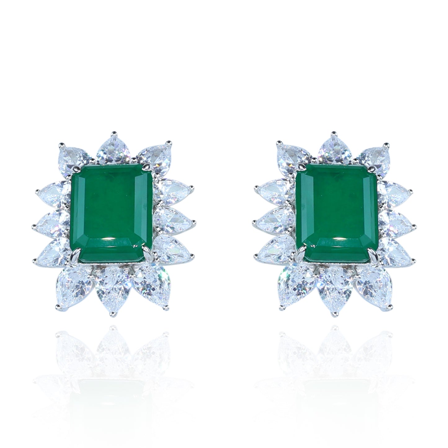 Aanura Emerald-Cut Green CZ Halo Statement Stud Earrings
