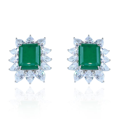 Aanura Emerald-Cut Green CZ Halo Statement Stud Earrings
