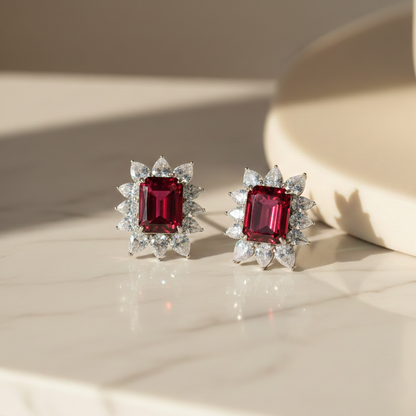 Aanura Emerald-Cut Green CZ Halo Statement Stud Earrings