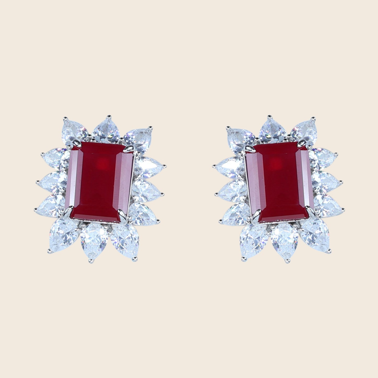 Aanura Emerald-Cut Green CZ Halo Statement Stud Earrings