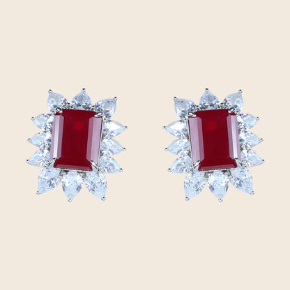 Aanura Emerald-Cut Green CZ Halo Statement Stud Earrings
