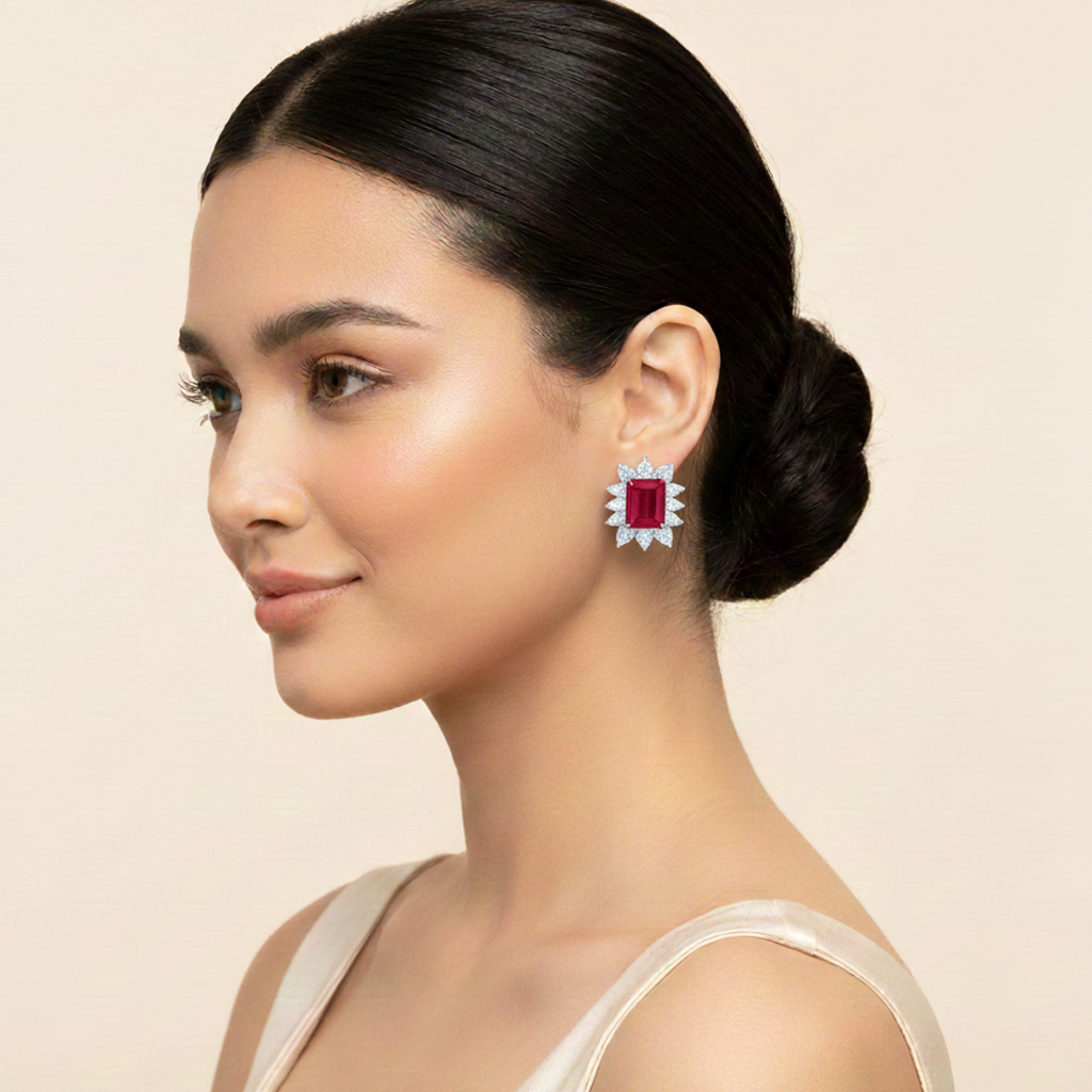 Aanura Emerald-Cut Green CZ Halo Statement Stud Earrings