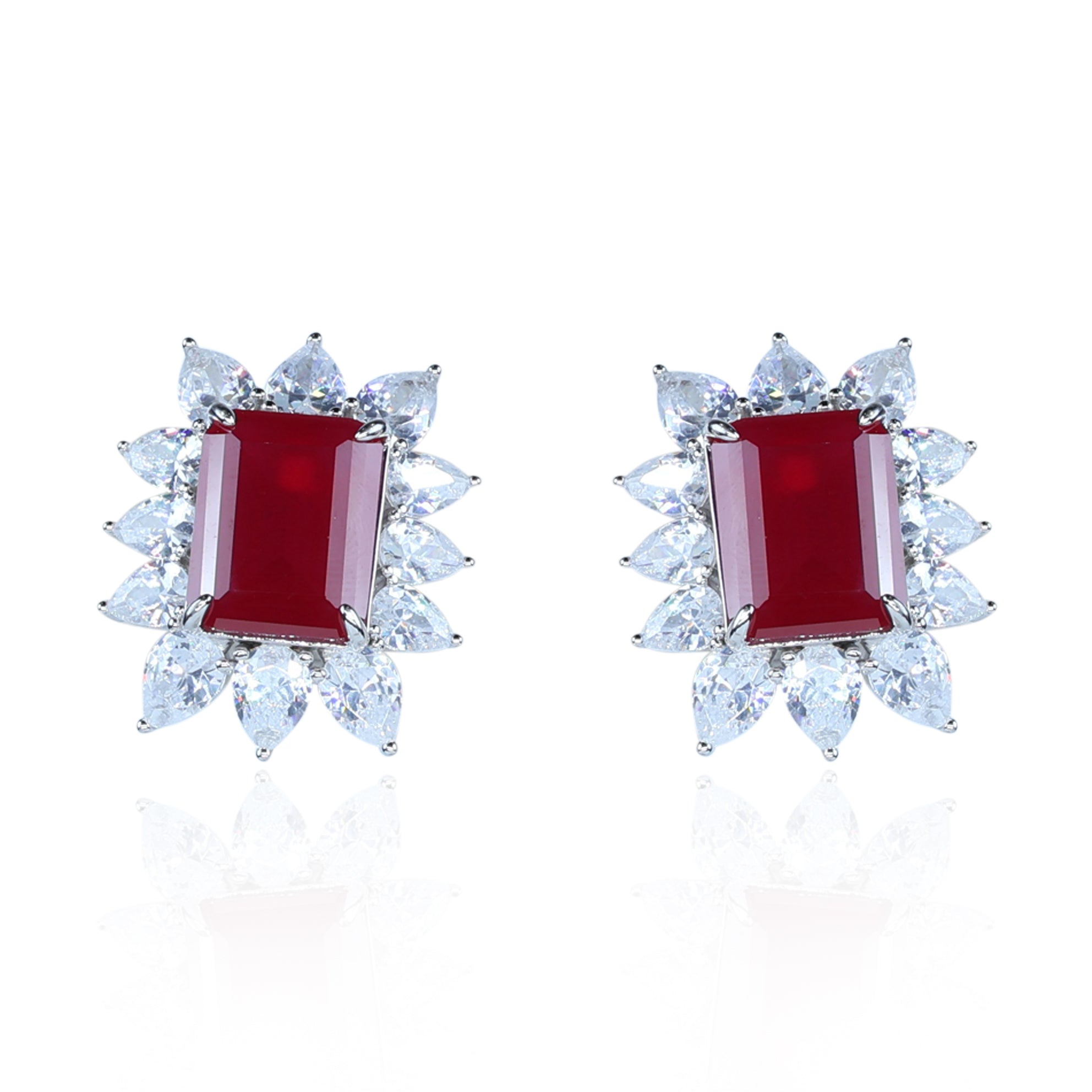 Aanura Emerald-Cut Green CZ Halo Statement Stud Earrings
