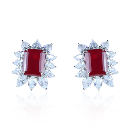 Aanura Emerald-Cut Green CZ Halo Statement Stud Earrings