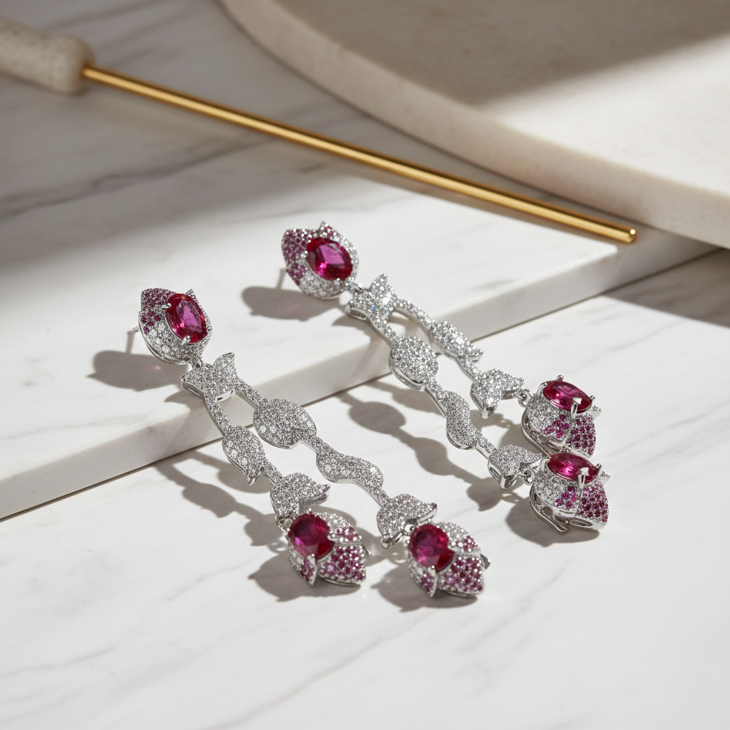 Aanura Silver Ruby Dangle Statement Earrings