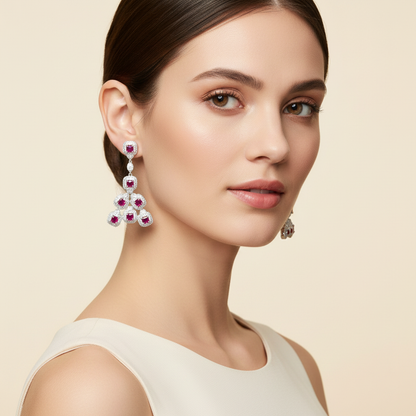 Aanura Silver Ruby Square Chandelier Earrings