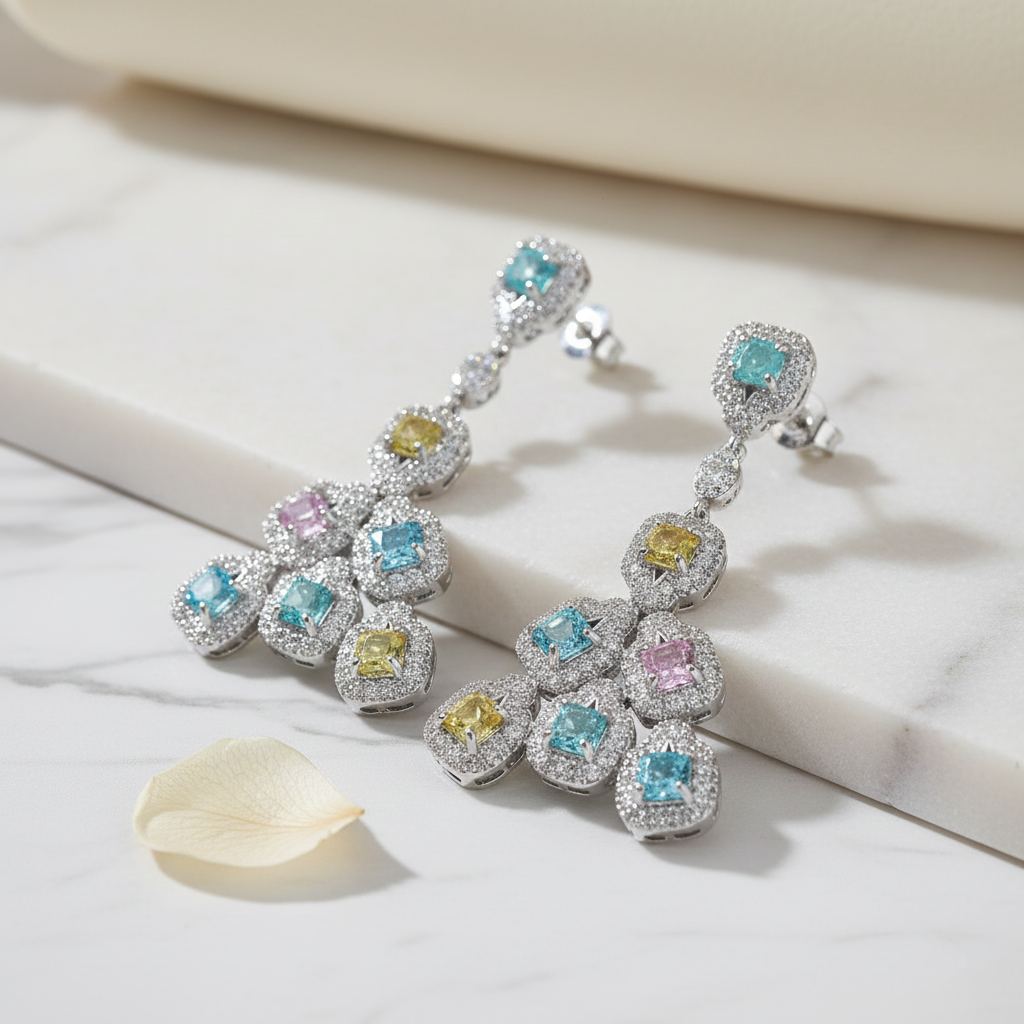 Aanura Silver Ruby Square Chandelier Earrings