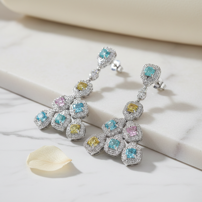 Aanura Silver Ruby Square Chandelier Earrings