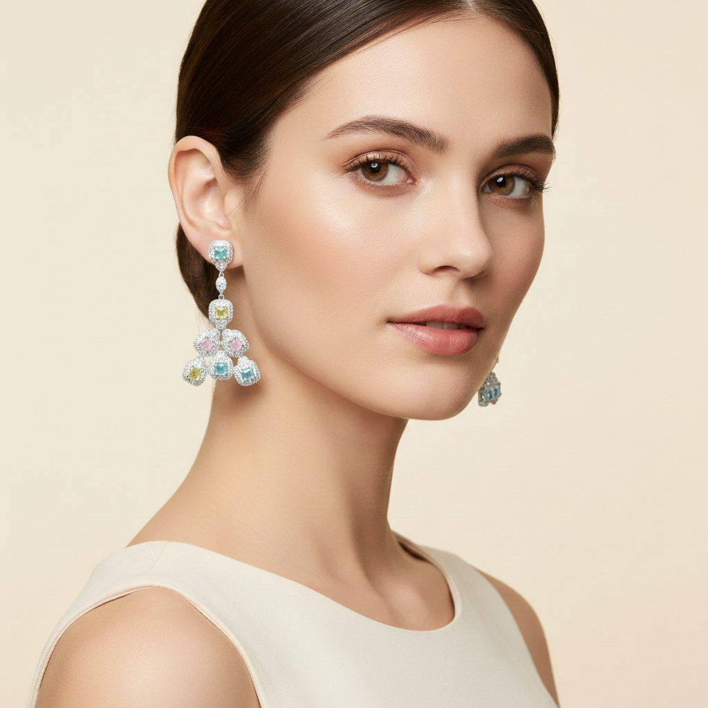 Aanura Silver Ruby Square Chandelier Earrings