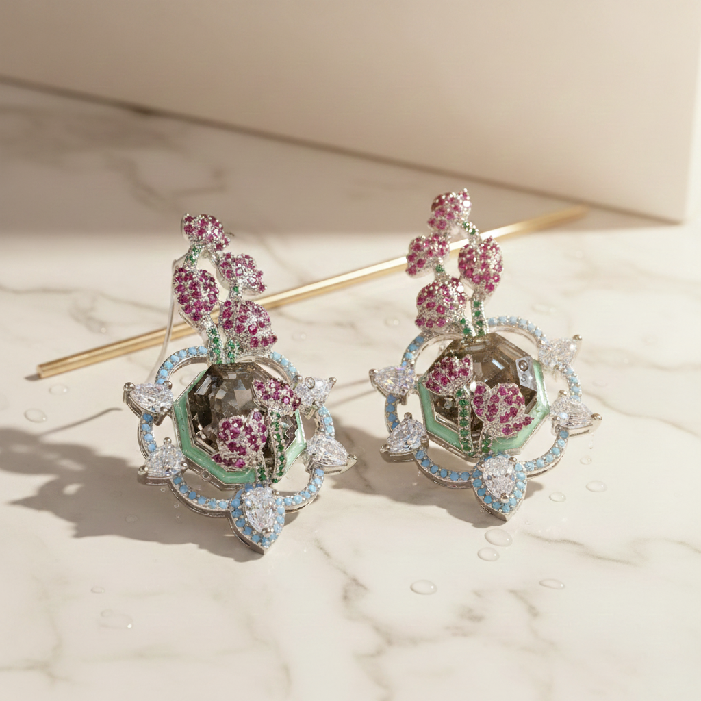 Aanura Floral Pink & Aqua Crystal Drop Earrings