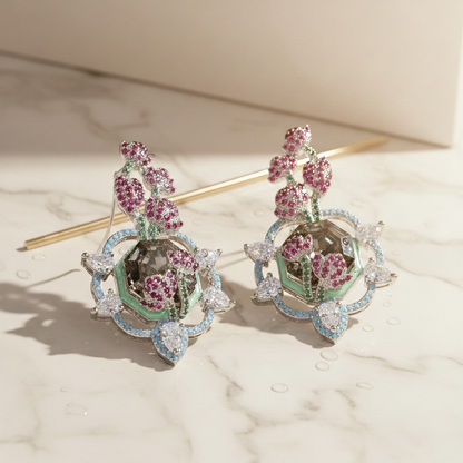 Aanura Floral Pink & Aqua Crystal Drop Earrings