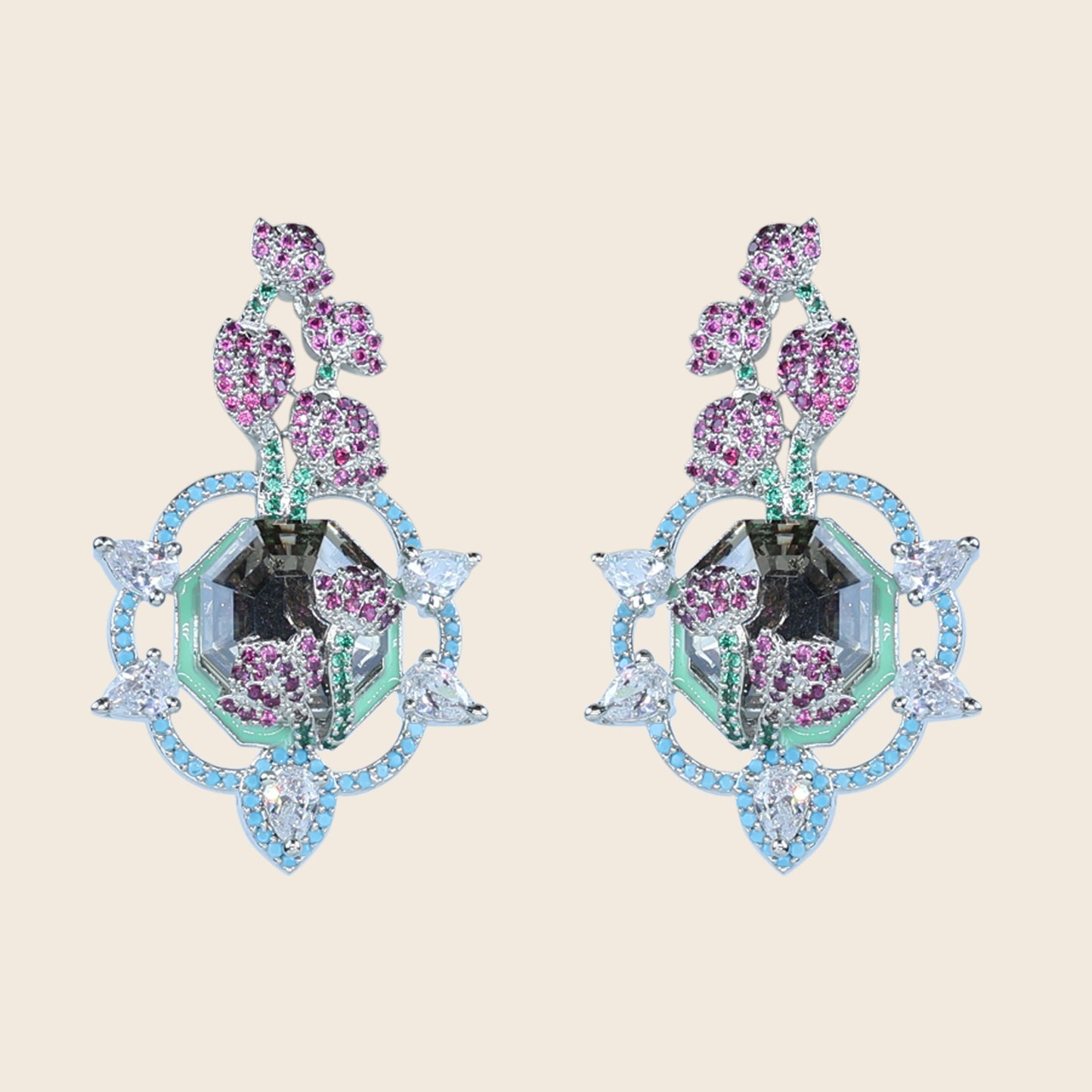 Aanura Floral Pink & Aqua Crystal Drop Earrings