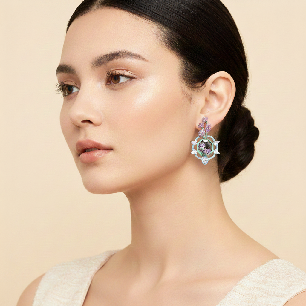 Aanura Floral Pink & Aqua Crystal Drop Earrings