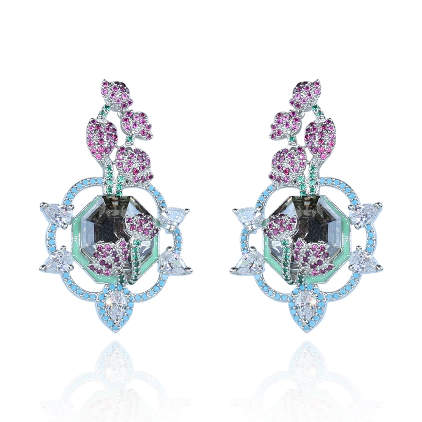 Aanura Floral Pink & Aqua Crystal Drop Earrings