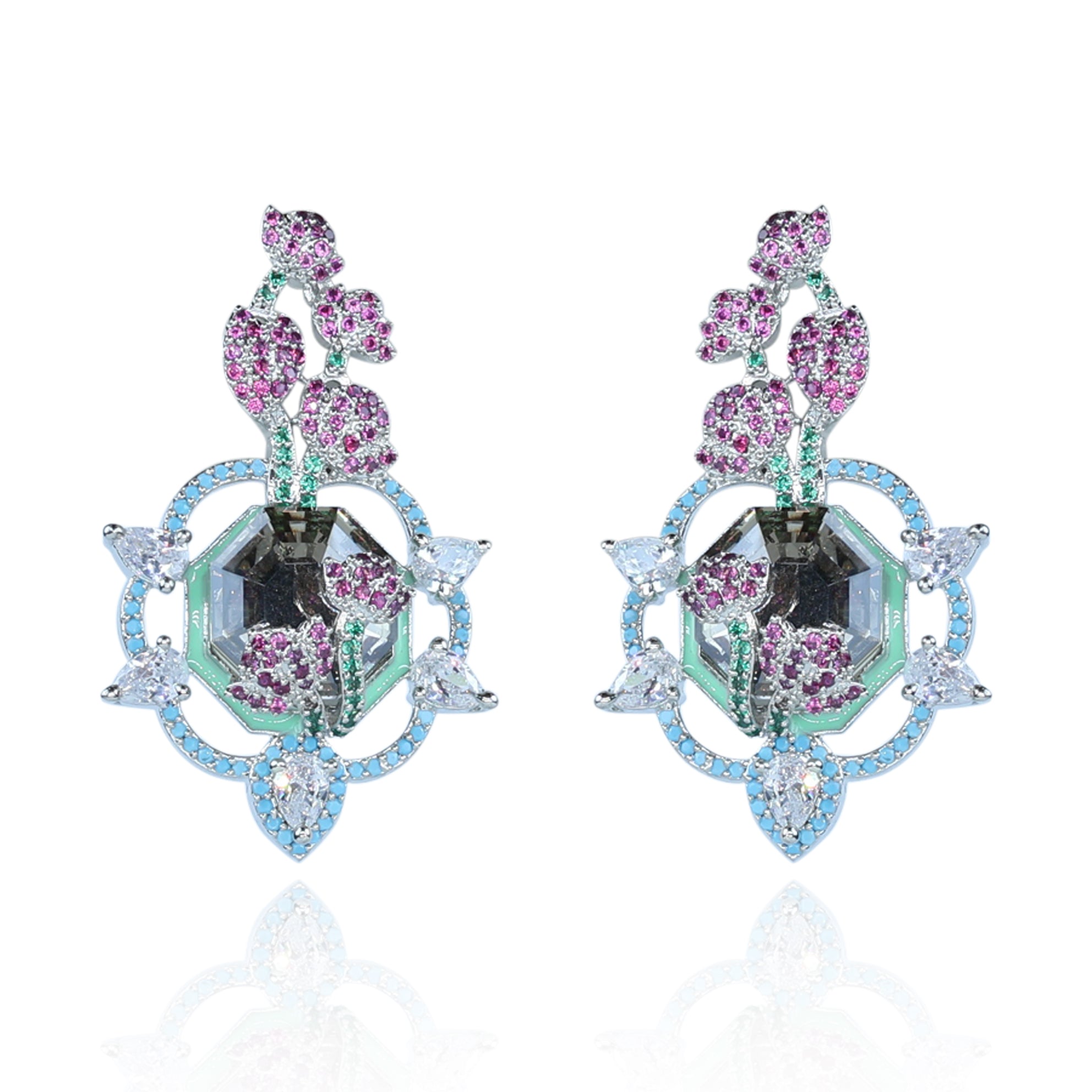 Aanura Floral Pink & Aqua Crystal Drop Earrings