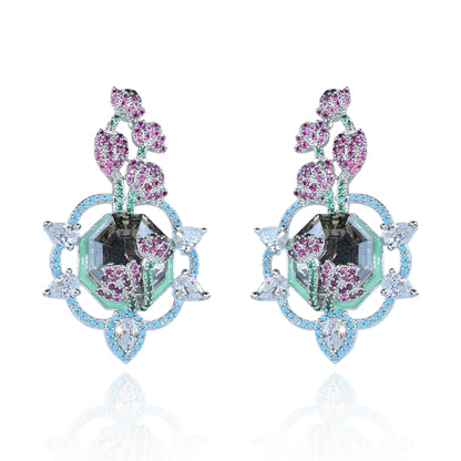 Aanura Floral Pink & Aqua Crystal Drop Earrings