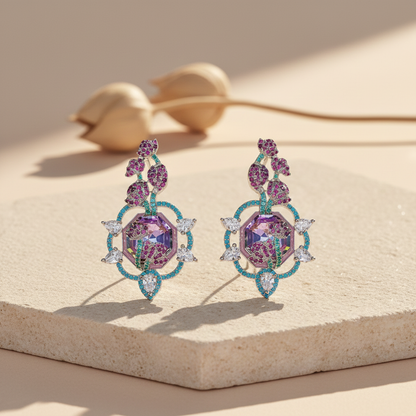Aanura Floral Pink & Aqua Crystal Drop Earrings