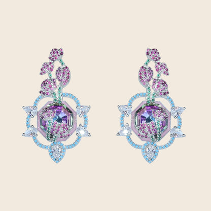Aanura Floral Pink & Aqua Crystal Drop Earrings