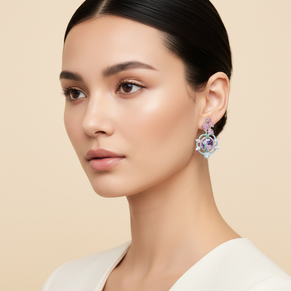 Aanura Floral Pink & Aqua Crystal Drop Earrings