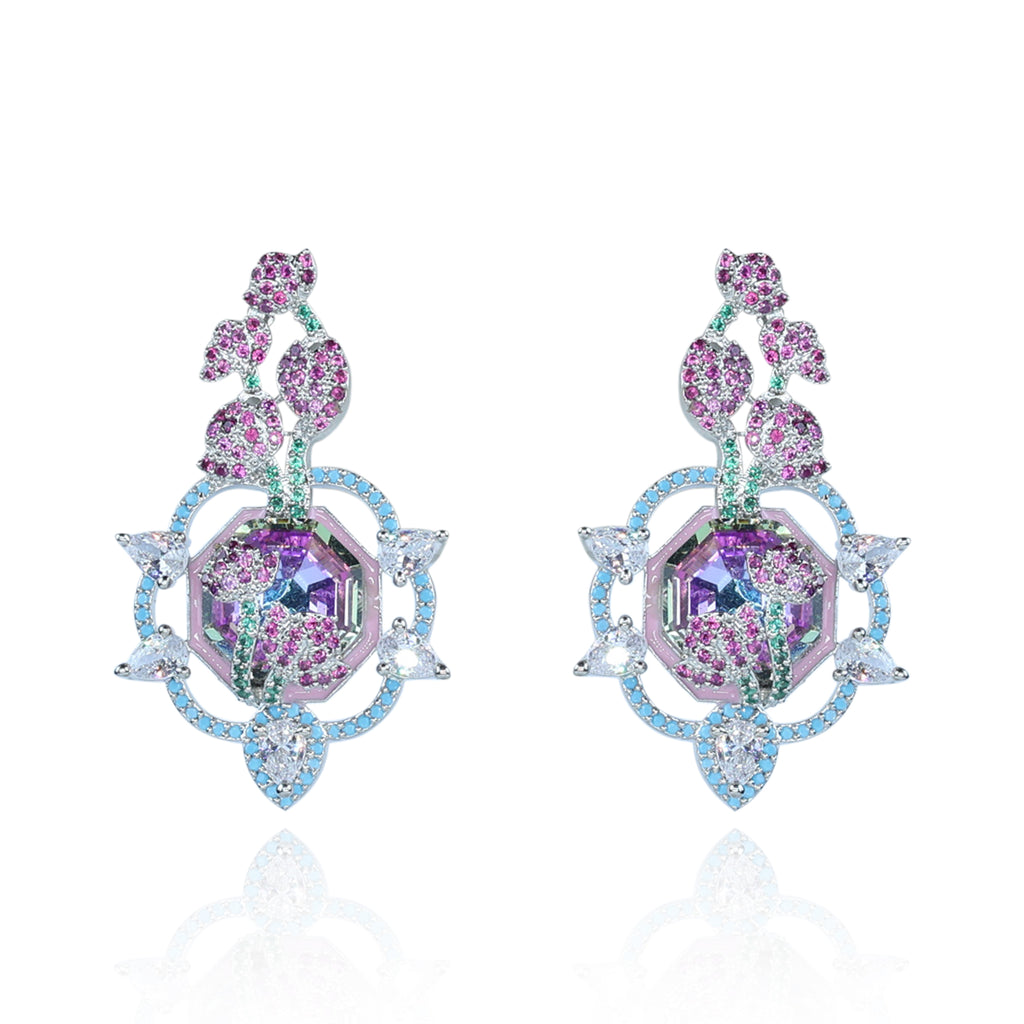 Aanura Floral Pink & Aqua Crystal Drop Earrings