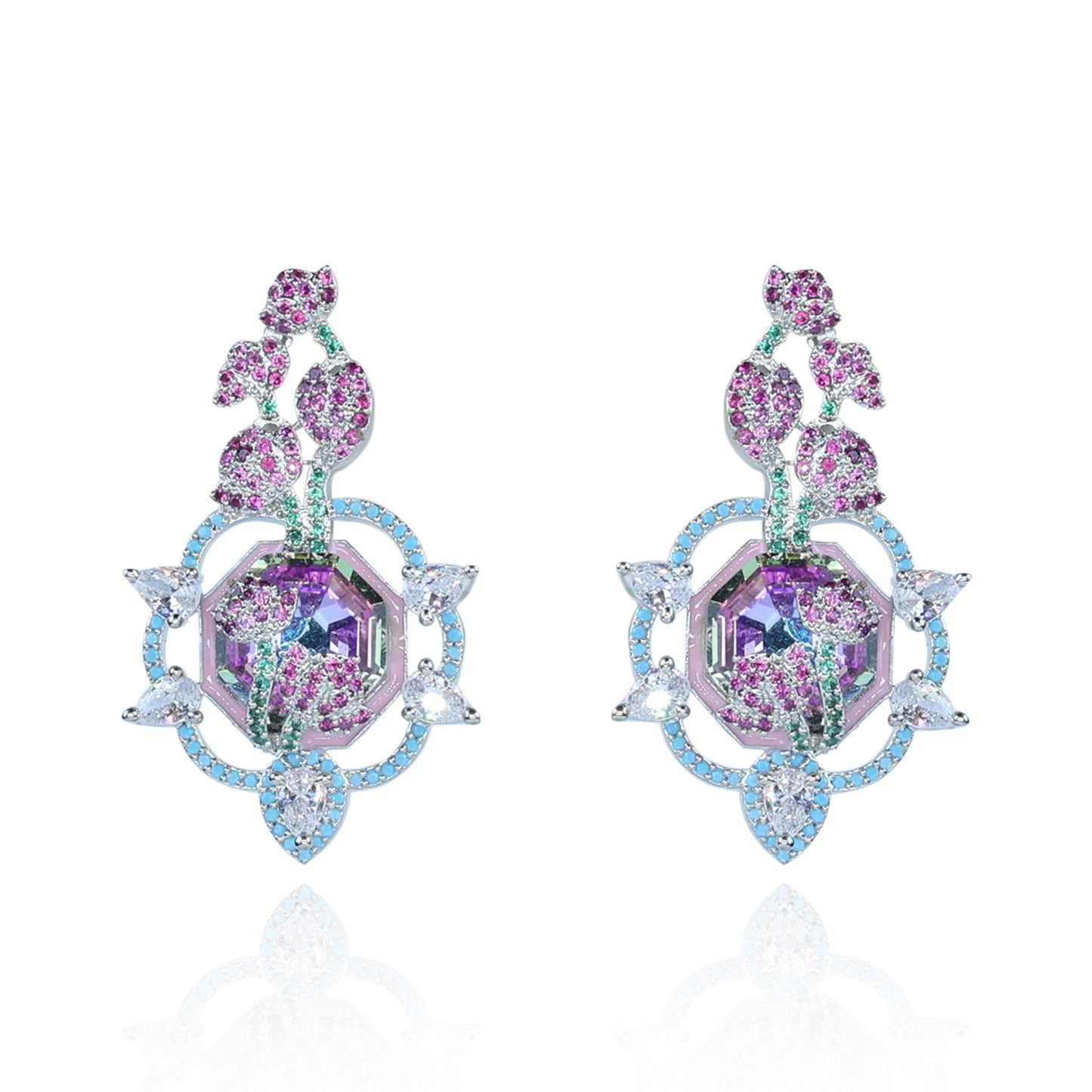 Aanura Floral Pink & Aqua Crystal Drop Earrings