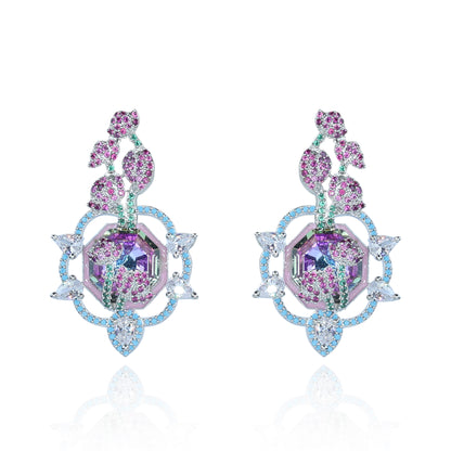 Aanura Floral Pink & Aqua Crystal Drop Earrings