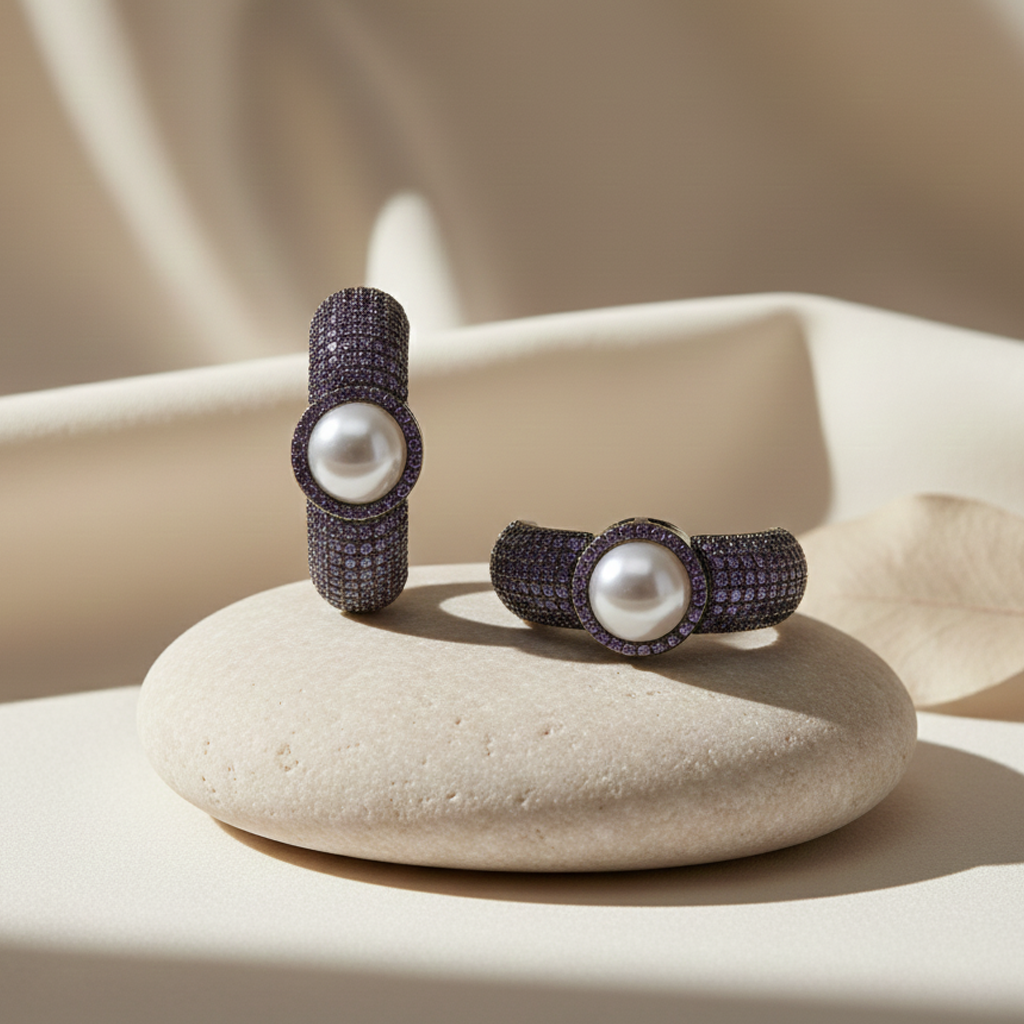 Aanura Purple Pavé Pearl Hoop Earrings