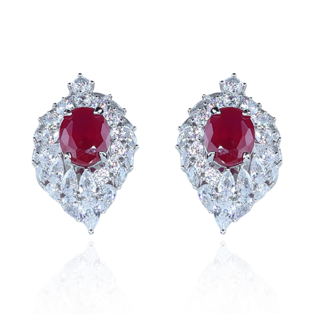 Aanura Red Oval Gemstone Pear Halo Stud Earrings
