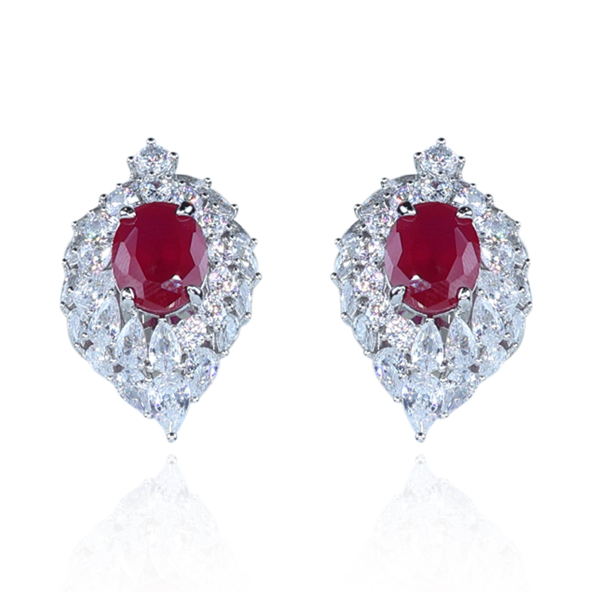 Aanura Red Oval Gemstone Pear Halo Stud Earrings