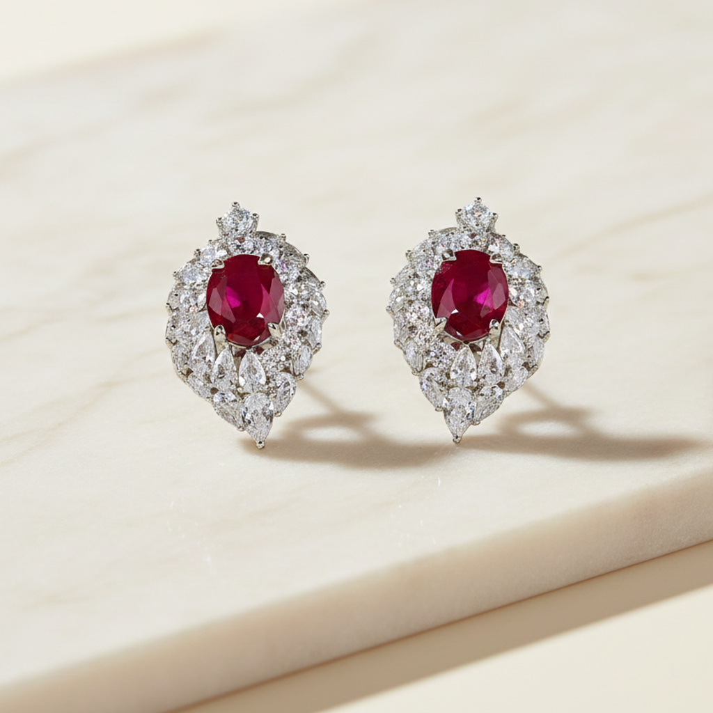 Aanura Red Oval Gemstone Pear Halo Stud Earrings