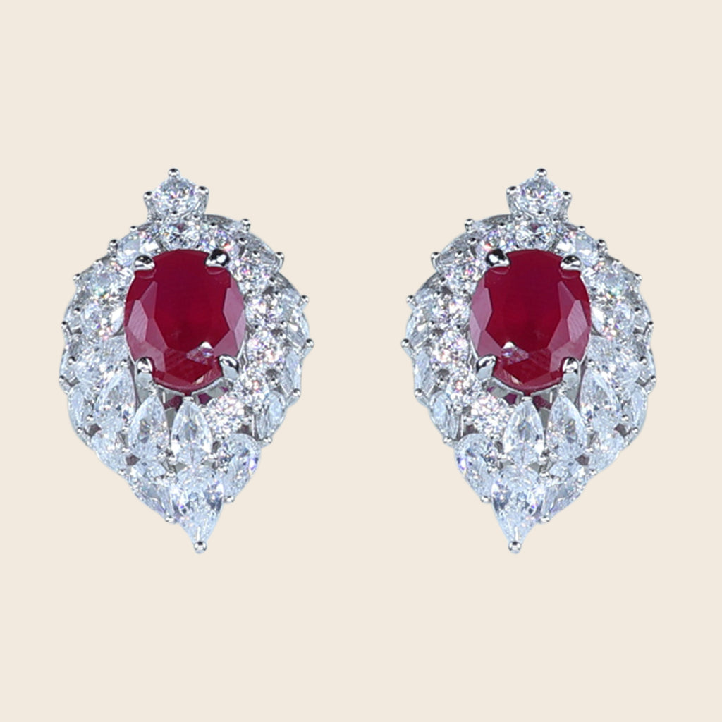 Aanura Red Oval Gemstone Pear Halo Stud Earrings