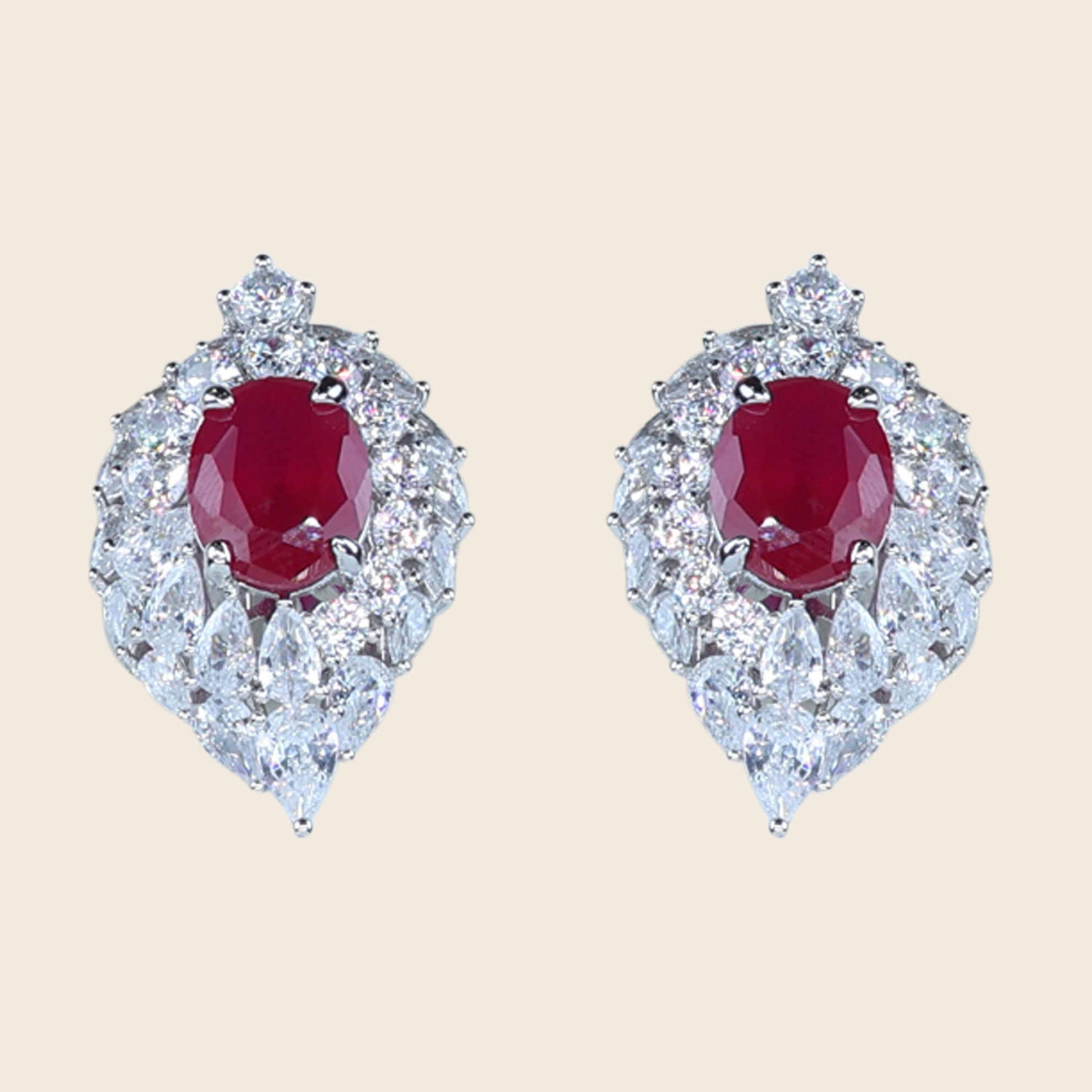 Aanura Red Oval Gemstone Pear Halo Stud Earrings