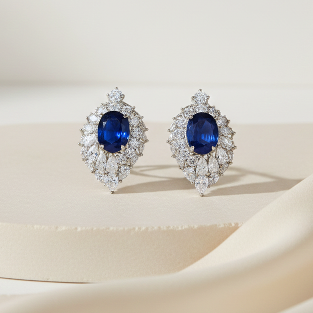 Aanura Red Oval Gemstone Pear Halo Stud Earrings