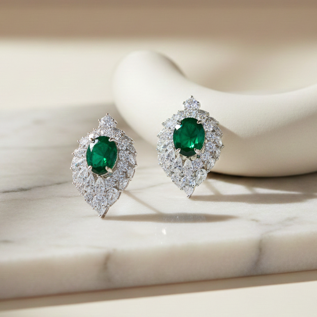 Aanura Red Oval Gemstone Pear Halo Stud Earrings