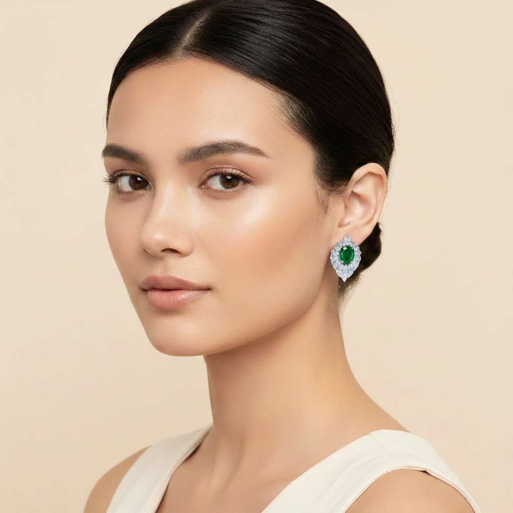 Aanura Red Oval Gemstone Pear Halo Stud Earrings