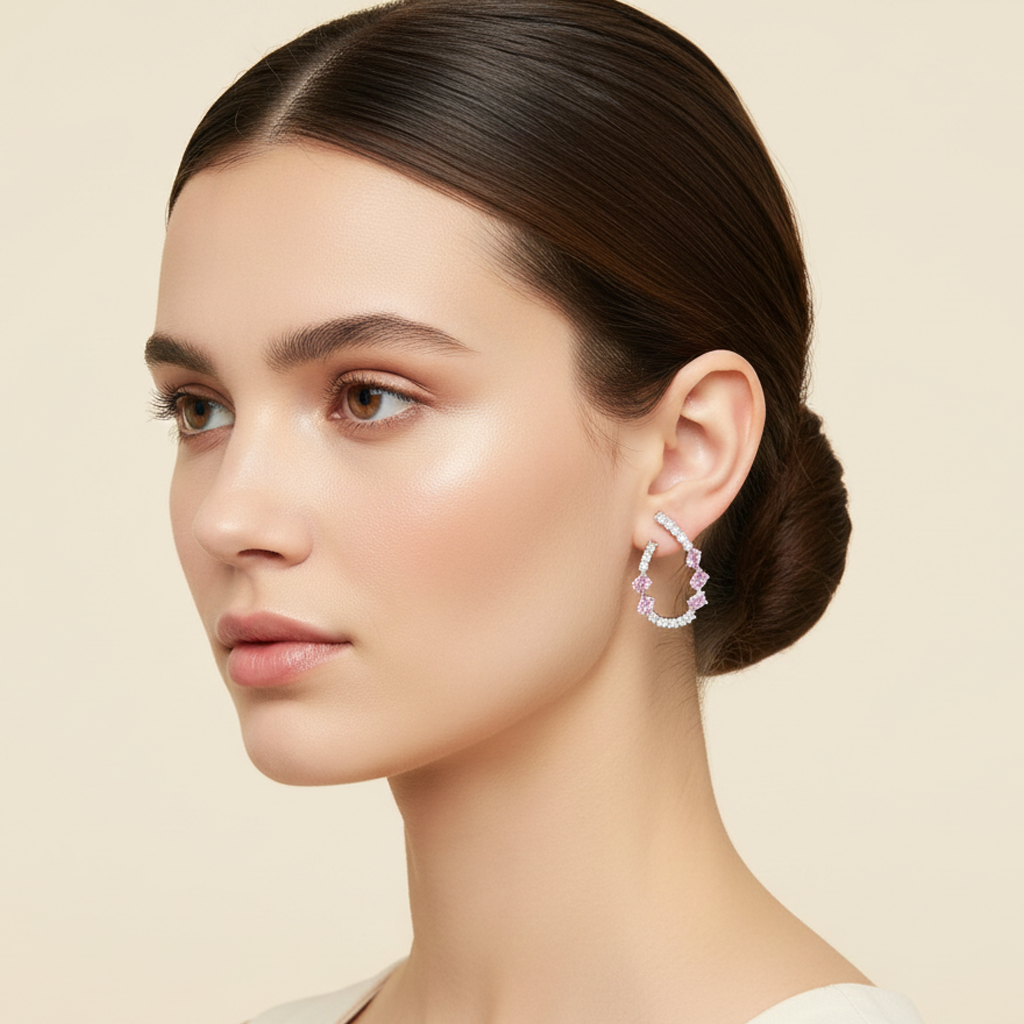 Aanura Pink Crystal Sparkling Hoop Earrings