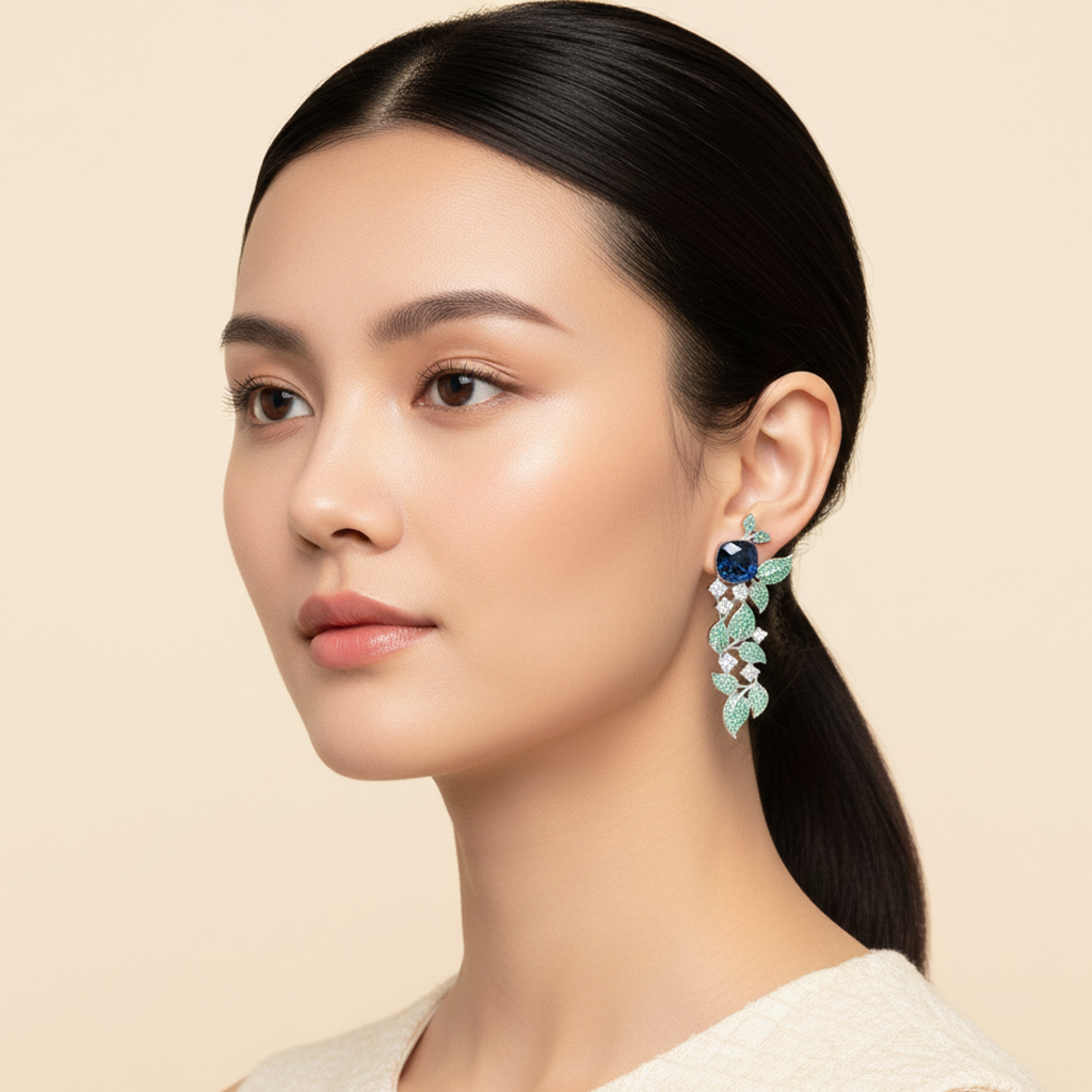 Aanura Blue Sapphire Leaf Cascade Earrings