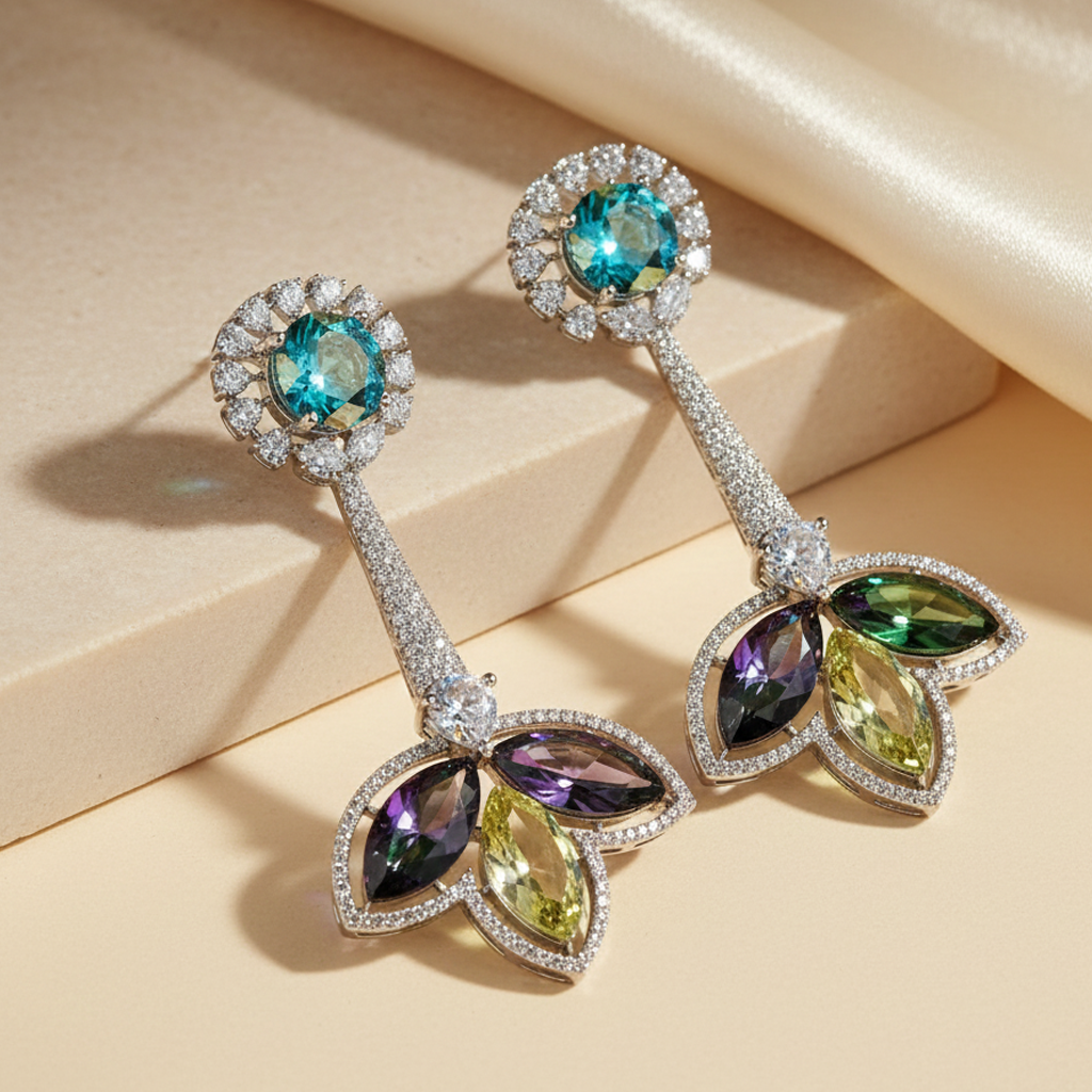 Aanura Iridescent & CZ Floral Dangle Earrings