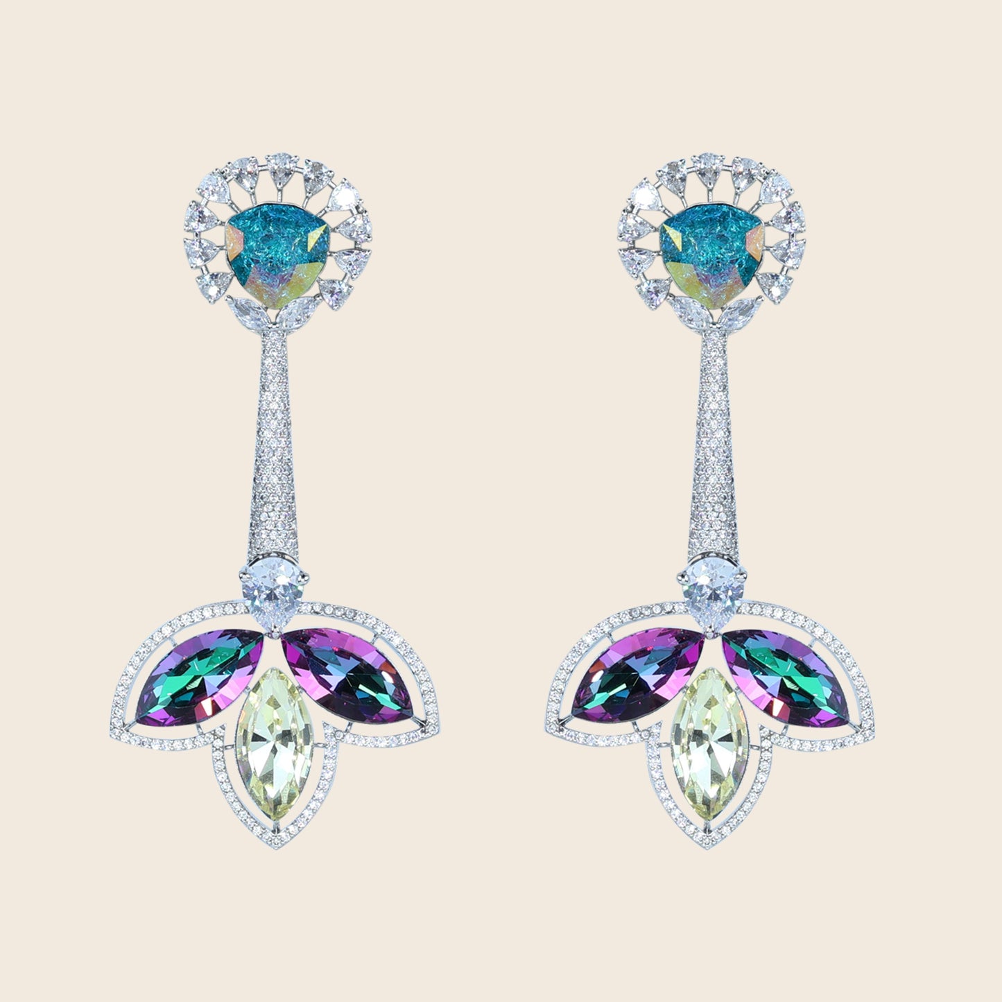 Aanura Iridescent & CZ Floral Dangle Earrings