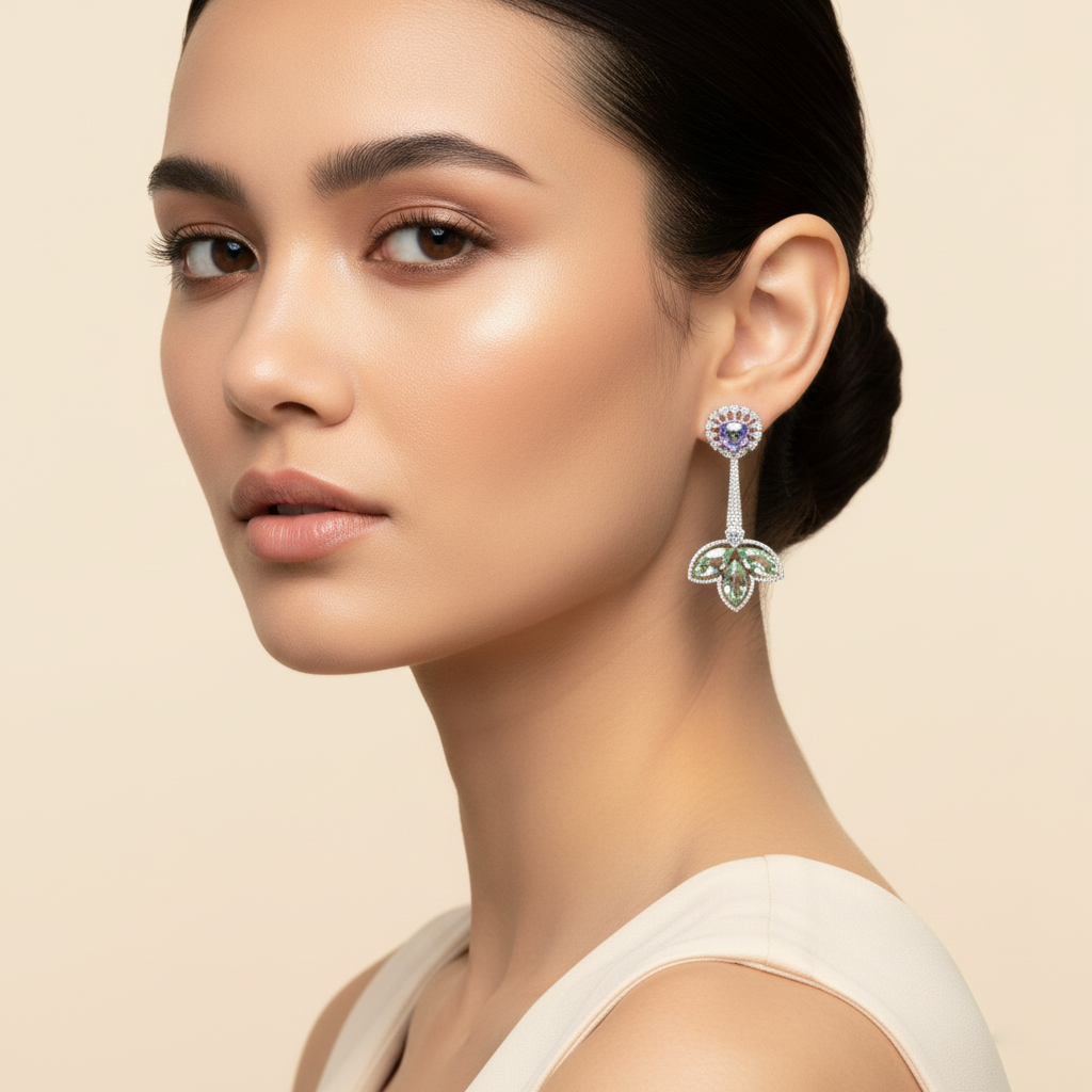 Aanura Iridescent & CZ Floral Dangle Earrings