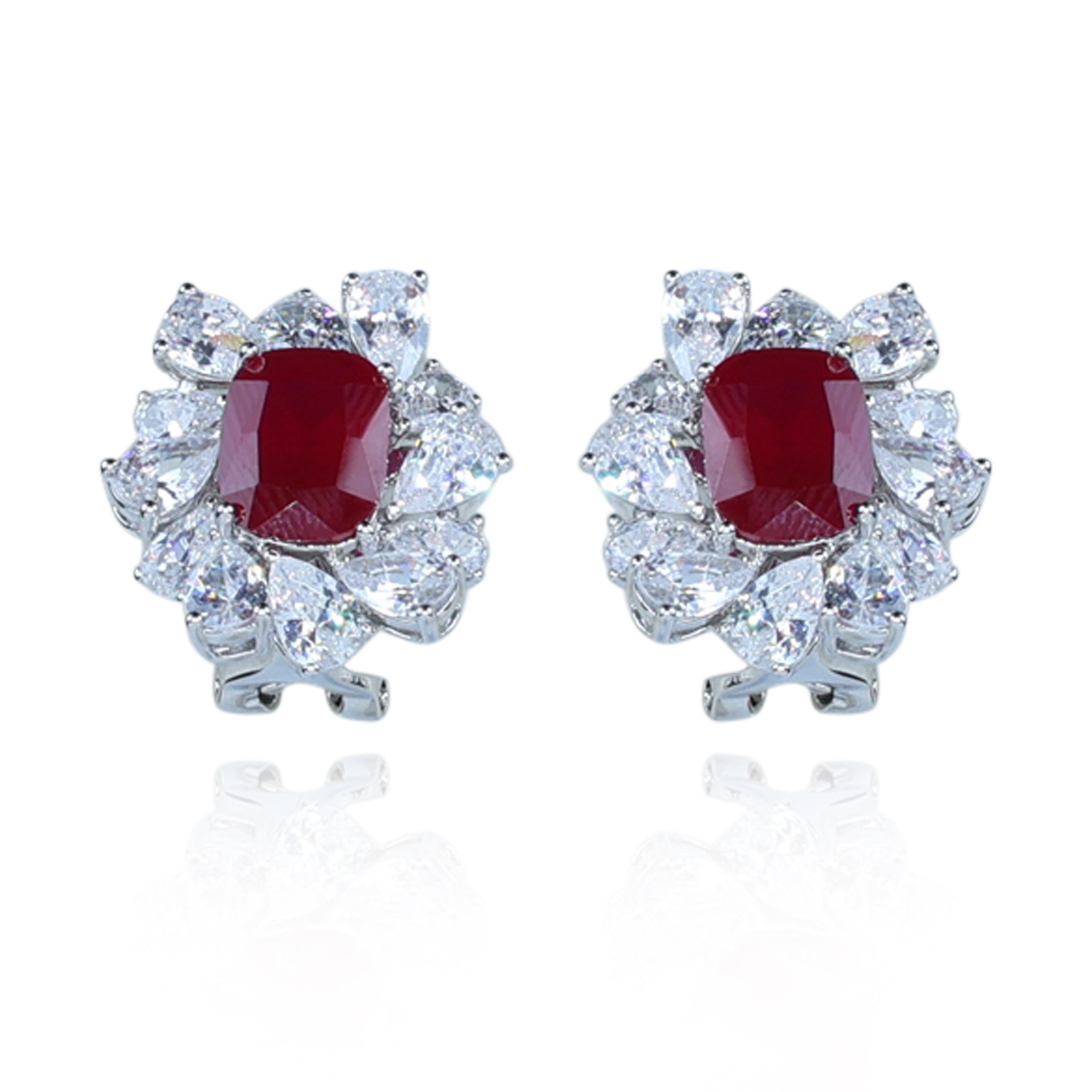 Aanura Red Gemstone Floral Halo Stud Earrings