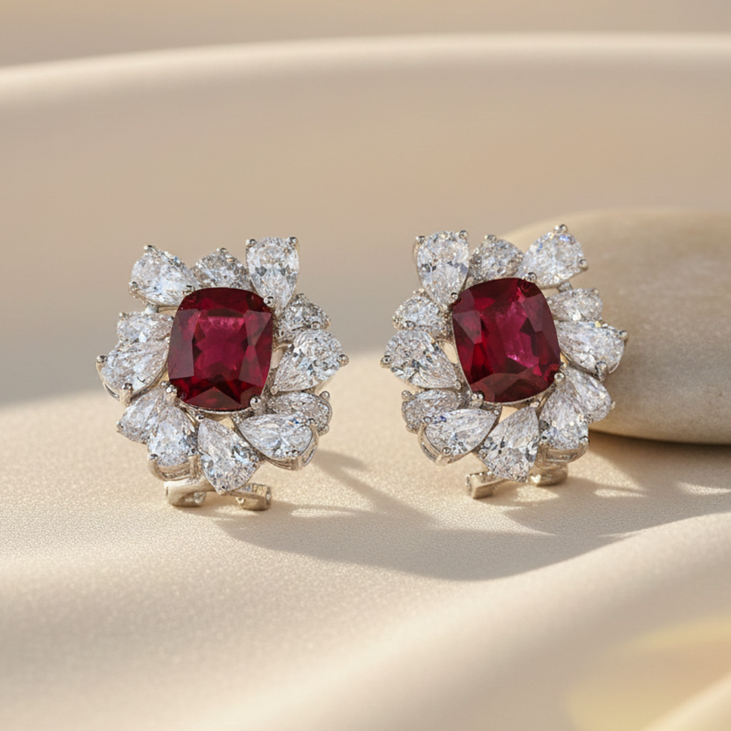 Aanura Red Gemstone Floral Halo Stud Earrings