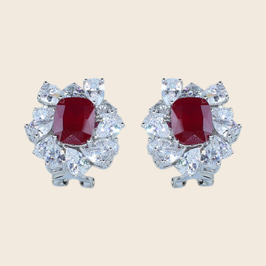 Aanura Red Gemstone Floral Halo Stud Earrings